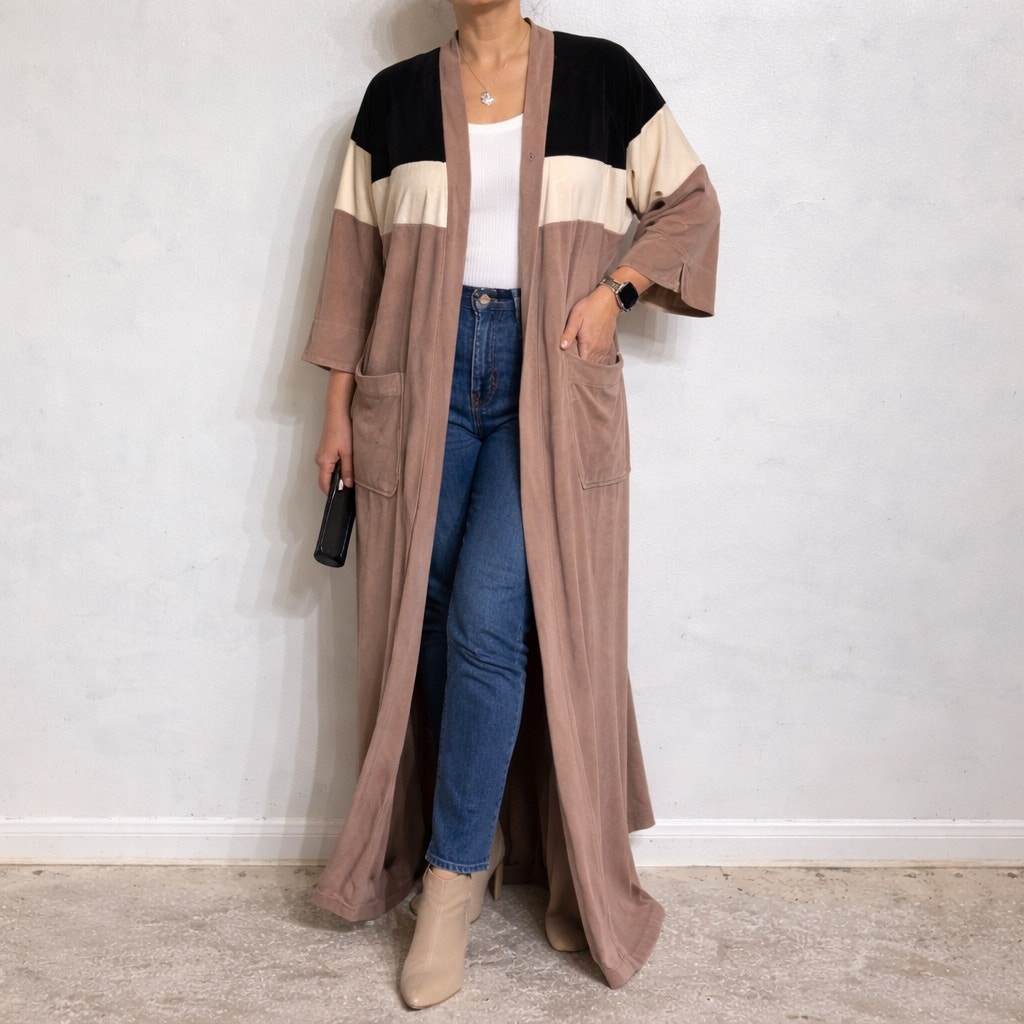 Christian Dior Taupe Velour Colorblock Belted Duster Robe Vintage Sz One Size